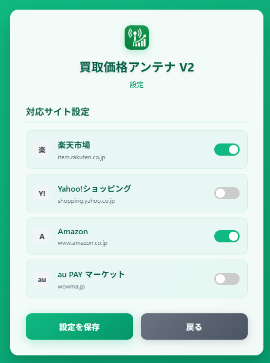 サイト別有効/無効設定